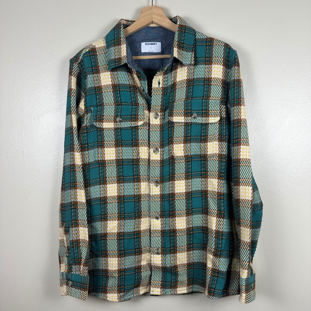 Old Navy Men's Small Flannel Shirt Auric Sea Teal Gold Plaid LS Clayton NEW